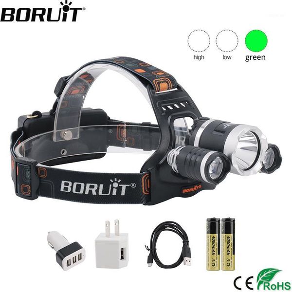 

headlamps boruit t6 white+2*xpe green led headlamp 3-mode rehargeable headlight waterproof head torch camping by 18650 battery1