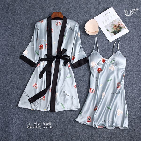 

2021 new summer silk short robe set for women's printing thin nightgowns female sleepwear with sashes ladies nightdress ghen, Black;red