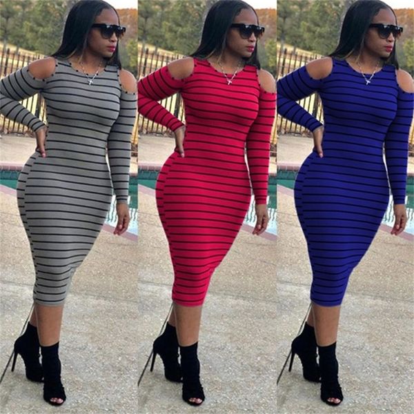 

women striped long sleeve dress dew shoulder bodycon dresses fashion ladies outdoor beach sports casual knee-length tight dresses ly0129, White