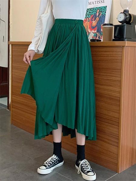 

early autumn 2020 new net celebrity irregular slit skirt female mid-length thin pleated skirt high-waist a-line1, Black