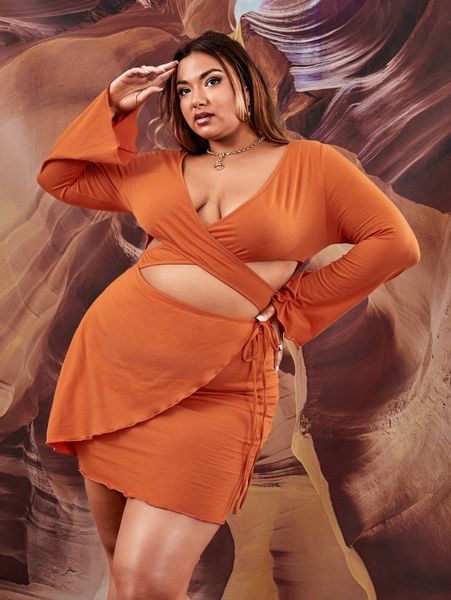 

plus cutout knot side bodycon dress h40j#, Black