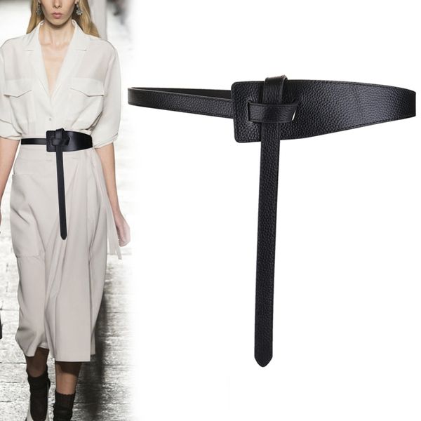 

female wide decorative belt soft cowskin knot belts for women fashion dresses knotted design genuine leather waistband ornaments y200501, Black;brown