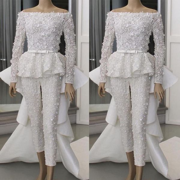 2022 Elfenbein Meerjungfrau Hochzeitskleid mit abnehmbarem Zug von Schulter Langarmvogelkleidern 3D Blumen Applikationen Brautkleid Vestidos de Novia 322