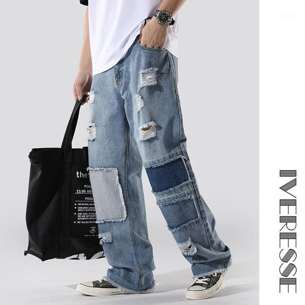 

men's jeans edge hole patchwork wide leg denim full casual pants male high waist hip hop for men loose streetwear zipper trousers1, Blue