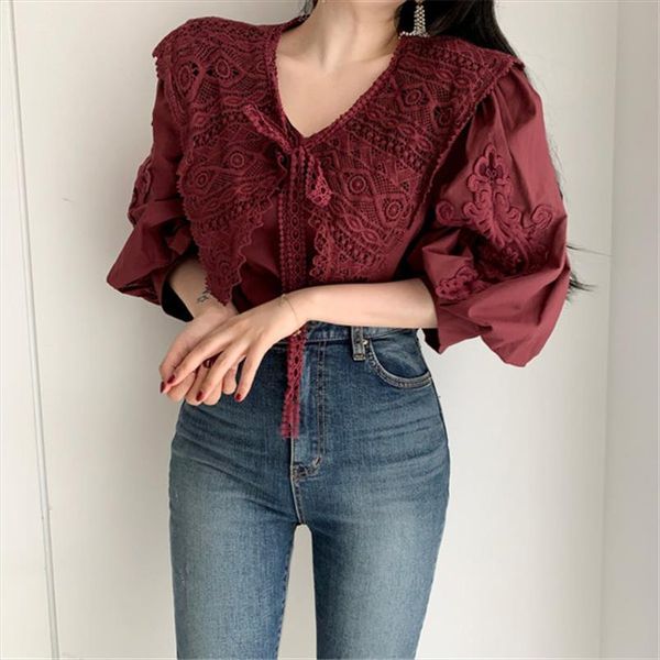 

office lady embroidery 2020 lace up puff sleeved simple fresh high waist korea all match chic sweet loose shirts, White