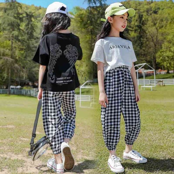

girls summer children clothes outfits t-shirt plaid pants casual tracksuit for kids clothing two-piece set 7 8 10 12 13, White