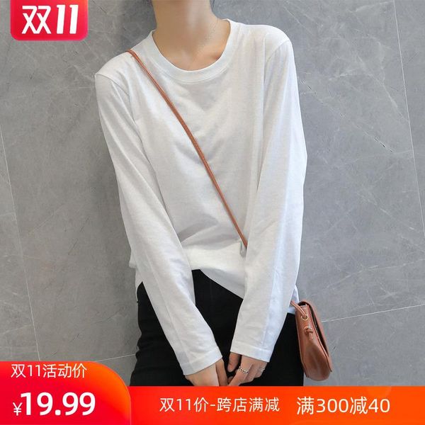 

white undershirt long sleeve loose autumn clothes cotton round neck t-shirt women's chunqiu 2020 new with korean collar