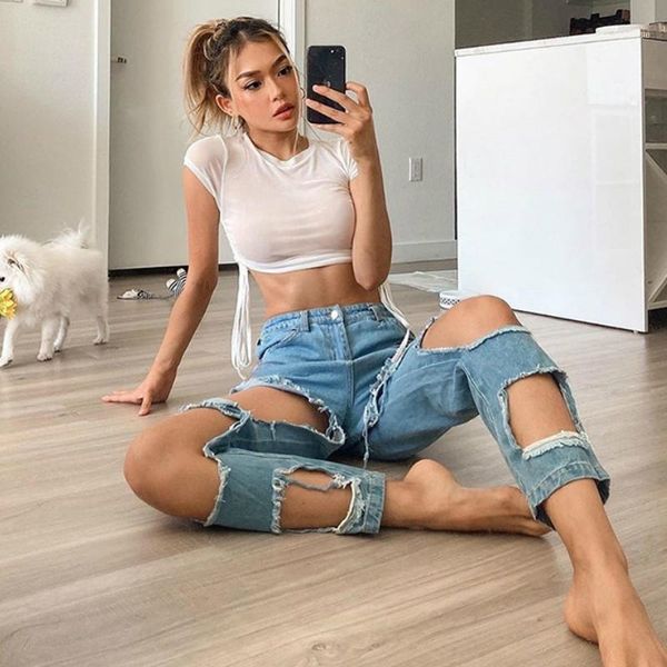 

fashion hip hop style hollow hole pants for women 2020 summer streetwear casual wear high waist jeans female loose slim trousers11, Black;white