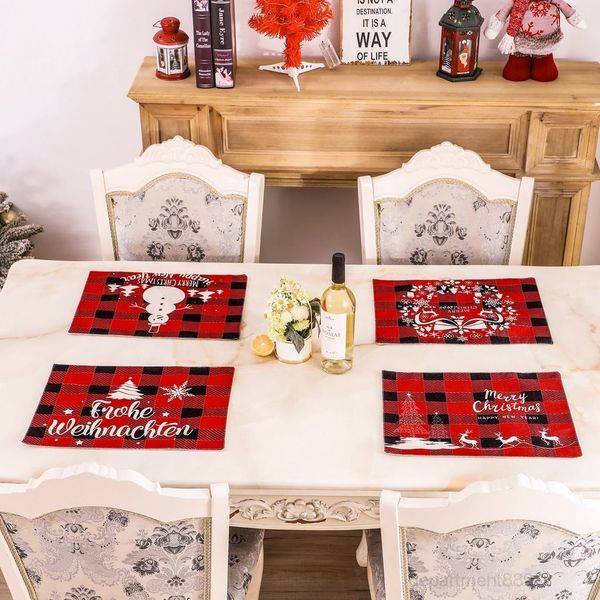 

linen 30*40cm red and black lattice dinner placemat merry christmas letters printed table mat owc2113