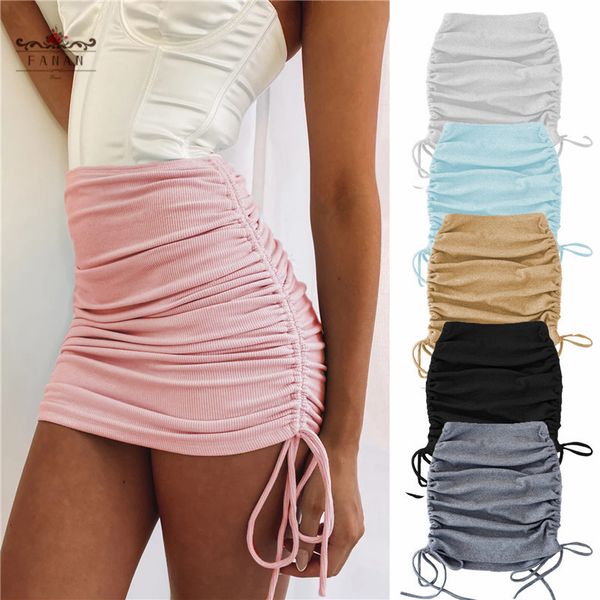 

pleated women skirt drawstring knitting elasticity skirts high waist slim-fit hip mini skirts autumn casual bottoms clothes y1214, Black