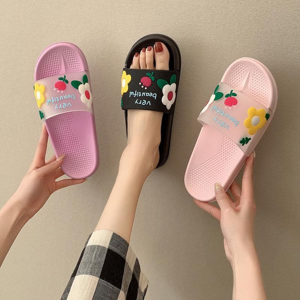 

2021 summer bathroom slippers quick drying slides home shoes lovely flower light outdoor slippers shoes chausson homme women, Black