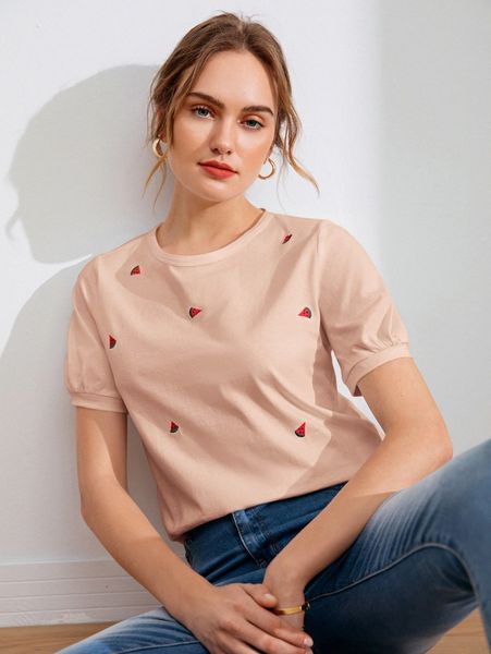 

puff sleeve watermelon embroidery tee 30ec#, White