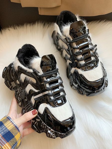 

dada women mink wool muffin winter 2020 new korean thick bottom lace up casual versatile ins women's shoes, Black