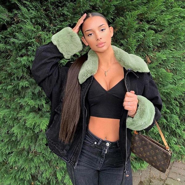 

2021 winter loose denim jacket women oversized fur collar plus velvet padded outwear vintage cotton thick warm jean clothing, Black;brown