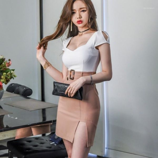 

office ladies deep low cut mini women summer panelled backless short sleeve belted slim fit korean wrap dress1, Black;gray