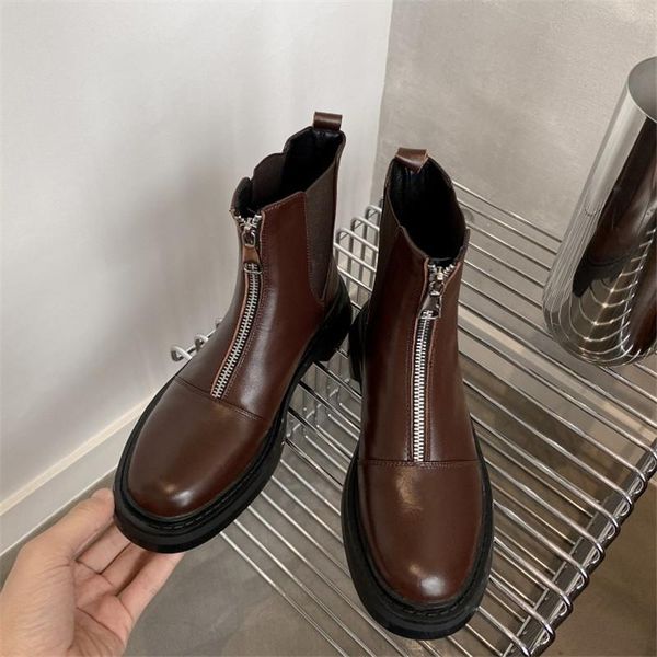 

winter women boots genuine leather martin boots round toe front zipper low heel shoes with thick soles short tube platform shoes, Black