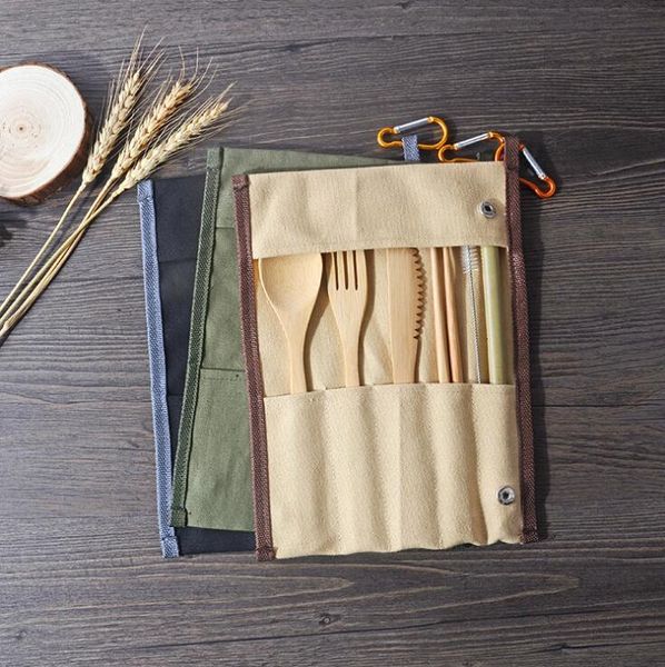 

outdoor 7pcs/set portable cutlery travel with bag bamboo flatware set knife chopsticks fork spoon dinnerware kitchen tab