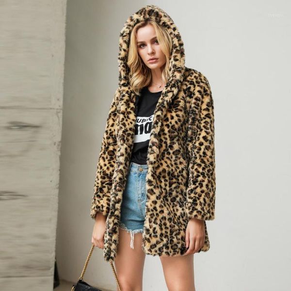 

women faux fur coat fashion leopard print outwear cardigan loose hooded pocket winter coat casaco inverno feminino #2b201, Black