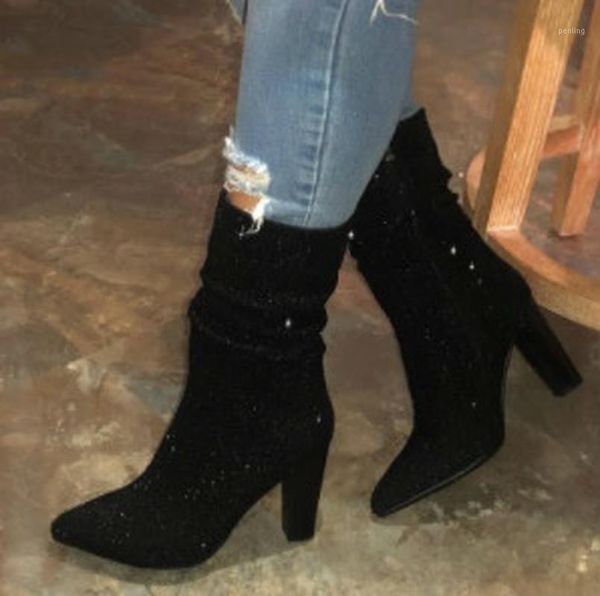 

women mid-calf boots high heels shoes woman warm booties gladiator shiny crystal shoe chaussures femme zapatos mujer sapatonh0841, Black