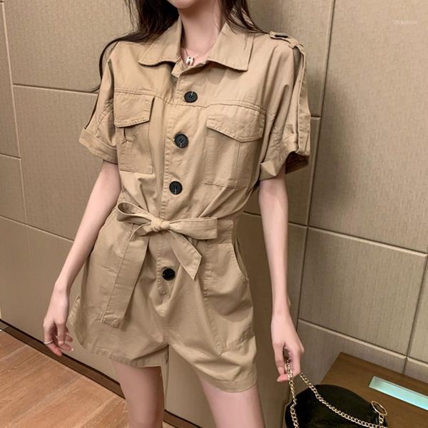 

2020 fashion summer jumpsuit women short sleeve button pocket cargo playsuits with belt rompers jumpsuits combinaison femme1, Black;white