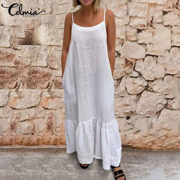 

celmia women vintage ruffles long dress spaghetti straps cotton linen maxi sundress ladies casual loose beach maxi vestidos1, Black;gray