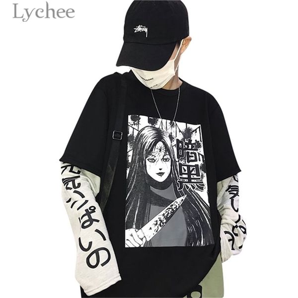 

lychee harajuku japanese anime print women sweatshirt fake 2 pieces o-neck long sleeve casual loose female sweatshirt streetwear 201208, Black