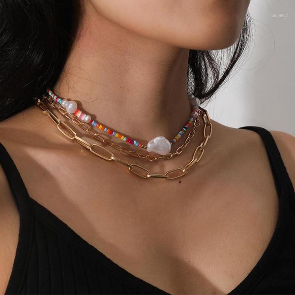 

chokers lacteo bohemian imitation pearl colorful bead choker necklace multi layered cuban cross chain charm jewelry for women1, Golden;silver