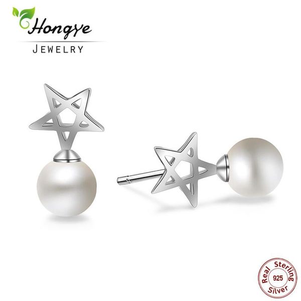 

hongye small five-pointed star freshwater pearl stud earring for girl real pure 925 sterling-silver-jewelry female fashion cute, Golden;silver