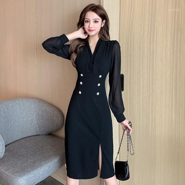 

coigarsam women dress new double breasted high waist dresses 99631, Black;gray