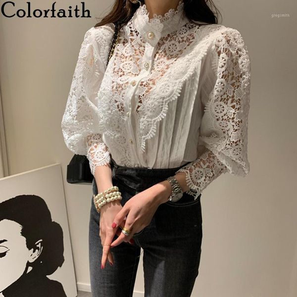 

colorfaith new 2020 spring summer women's blouse patchwork lace single-breasted stand collar hollowing out casual shirts bl50291, White