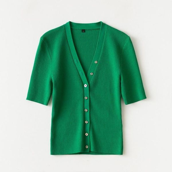 

2020 new ladies fashion short sleeve casual solid color v-neck knit 07111, White