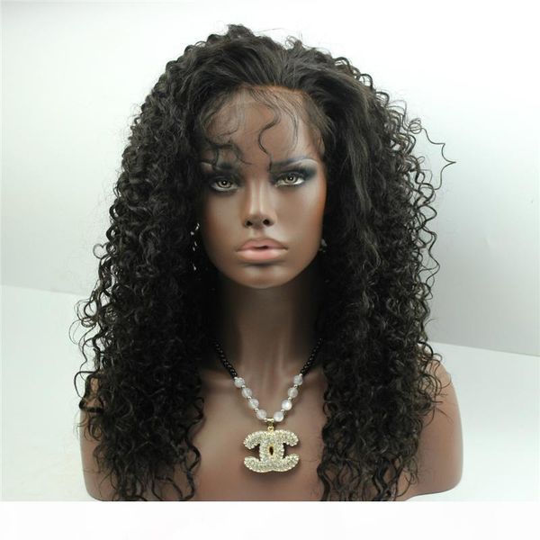 

virgin malaysian kinky curly human hair full lace wig long kinky curl virgin hair unprocessed glueless lace front wig, Black