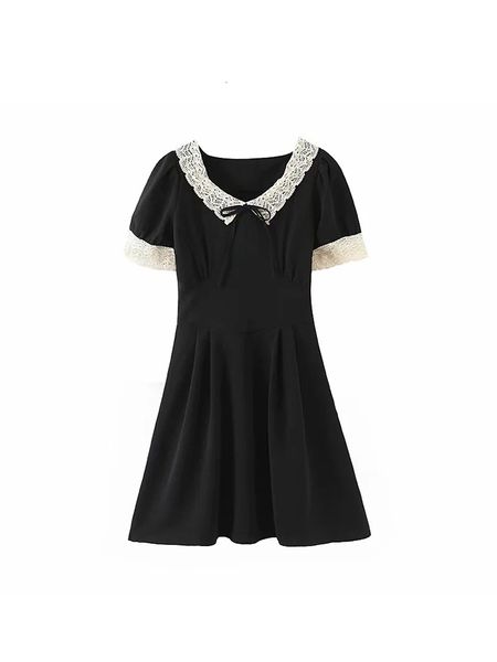 

2021 new vintage small black thin lace peter pan collar vest mini waist dress 834o, Black;gray