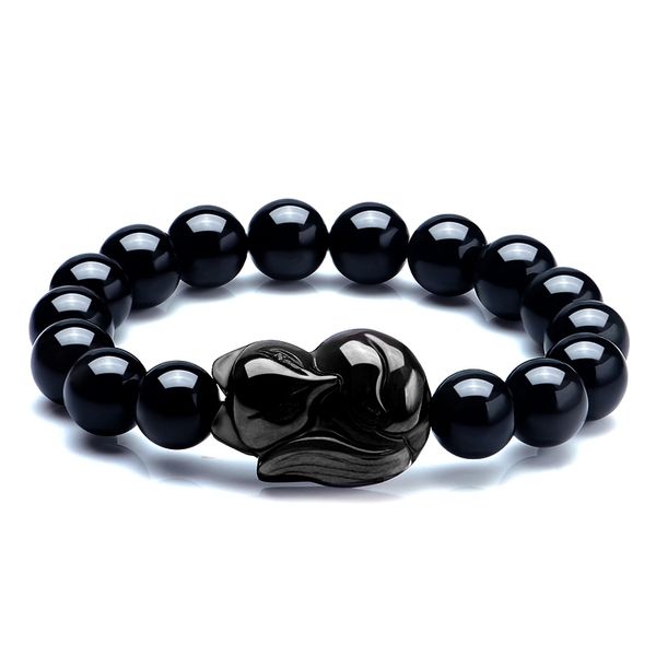 

natural stone black obsidian fox pendant beaded bracelet 8-16mm lucky bracelets single lap hand string bangle gift for men women y200730
