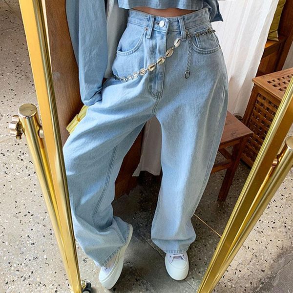

plus-size autumn new women pants high waist straight show thin wide leg jeans pants streetwear wild overlength jeans trousers, Blue