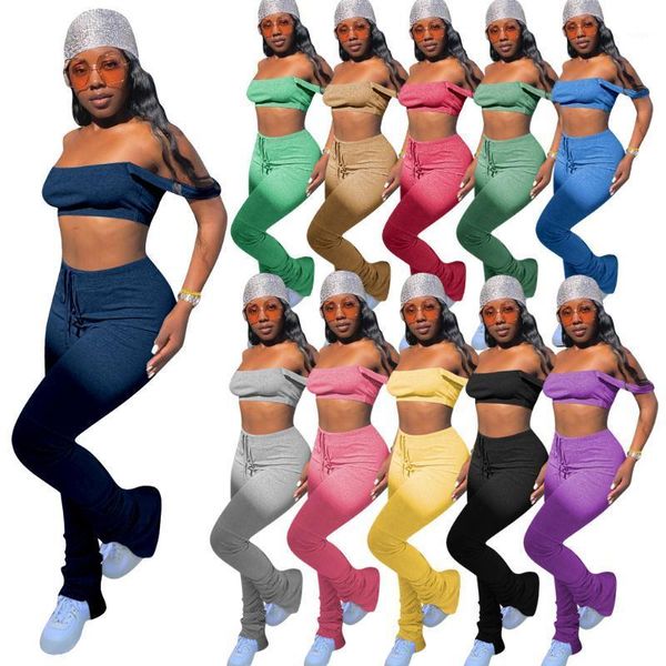 

stacked pants streetwear 2 piece set women clothes crop + split bell bottom summer outfits for women 2020 matching sets1, White