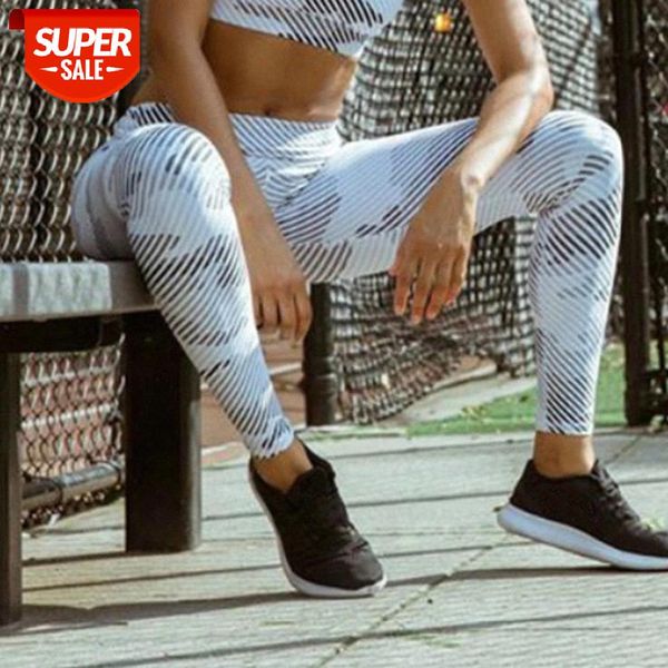 

2018 new fashion sportswear striped camouflage pattern leggings high waist digital printing elastic force breathable fitness #eu11, Black;white