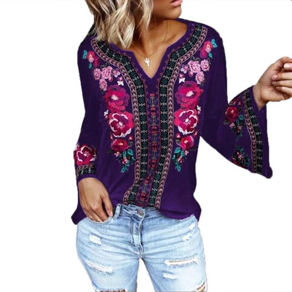 

new fashion women ladies autumn casual long sleeve boho shirt floral embroider blouse loose black gray purple, White