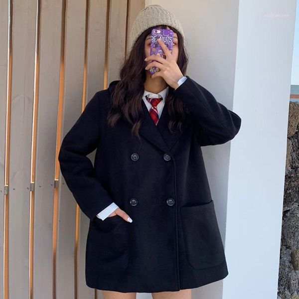 

women's wool & blends winter korean women student loose double-breasted jacket large pocket medium and long section hooded woolen coat, Black