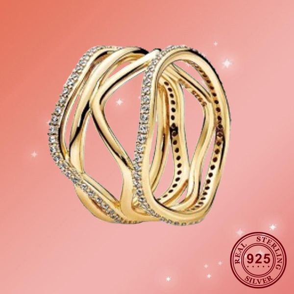 

original 925 sterling silver pan ring swirling line gold with crystal pan ring for women wedding party gift fashion jewelry, Golden;silver