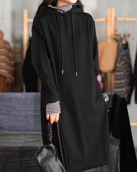 

winter women long hoodies retro loose fleece all-match women new hooded drawstring casual hoodies 1, Black