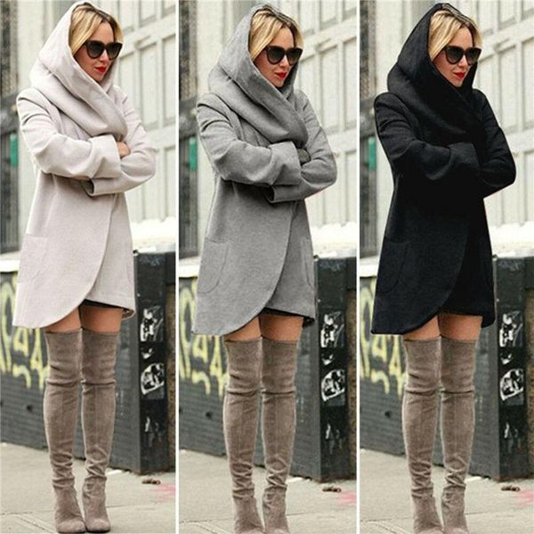 

women woolen hooded thin coat loose ladies winter hoodies jacket overcoat, Black;brown