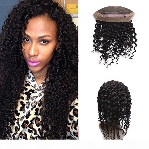 

8a brazilian virgin human hairkinky curly 360 lace frontal closure with baby hair soft curly 130% densityfor black women natural color, Black;brown