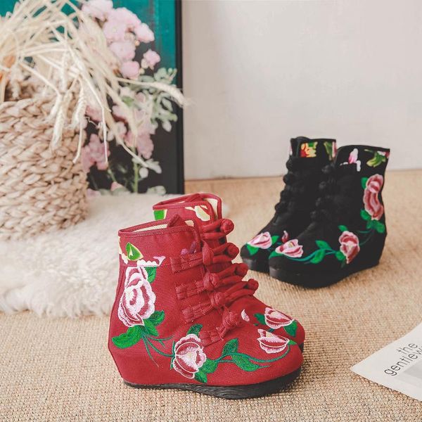 

qpfjqd chinese style girl buckle boots denim cotton ladies shoes spring fall ankle wedge winter velvet embroidery jeans booties, Black