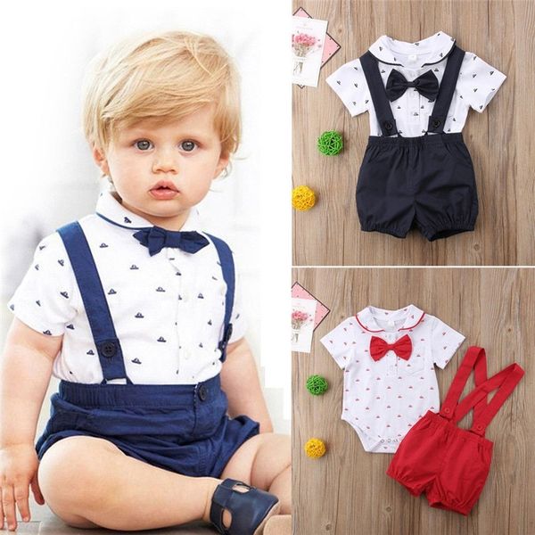 

emmababy newborn kid baby boy outfit clothes bow romper jumpsuit+pants gentleman 2pcs set kids clothing y200803, White
