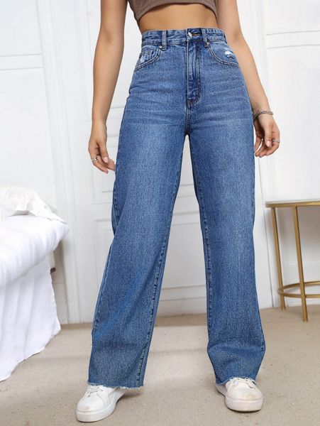 

high waisted raw hem wide leg jeans m7fr#, Blue