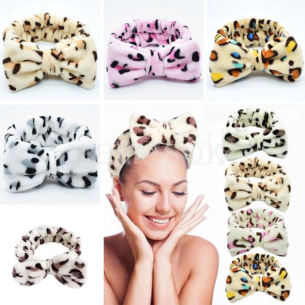 Leopardo Headband Festa Favor Coral Fleece Senhoras Lavar Face Headbands Bow Hair Band 6 Cores DE082