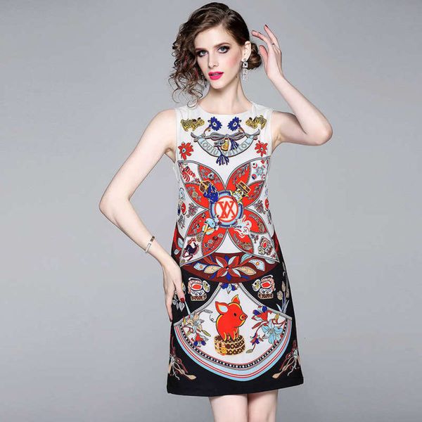 

new summer fashion print round women's neck sleeveless celebrity temperament fashion dress small children, White