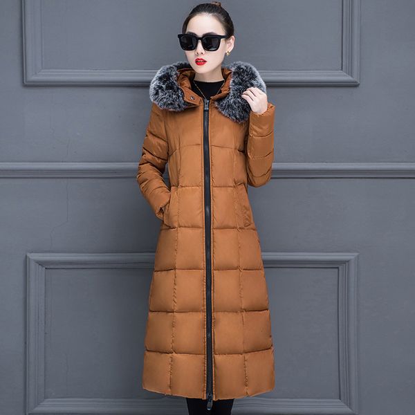 

women's down jacket warm long faux collar parkas hooded coat slim winter outwear coats 2019 blusas mujer de moda l909, Black