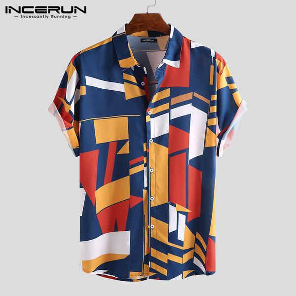 

2020 fashion shirts men camisa feminina geometric cool print slim fit lapel shirts button tee chemise masculina man clothing c1211, White;black